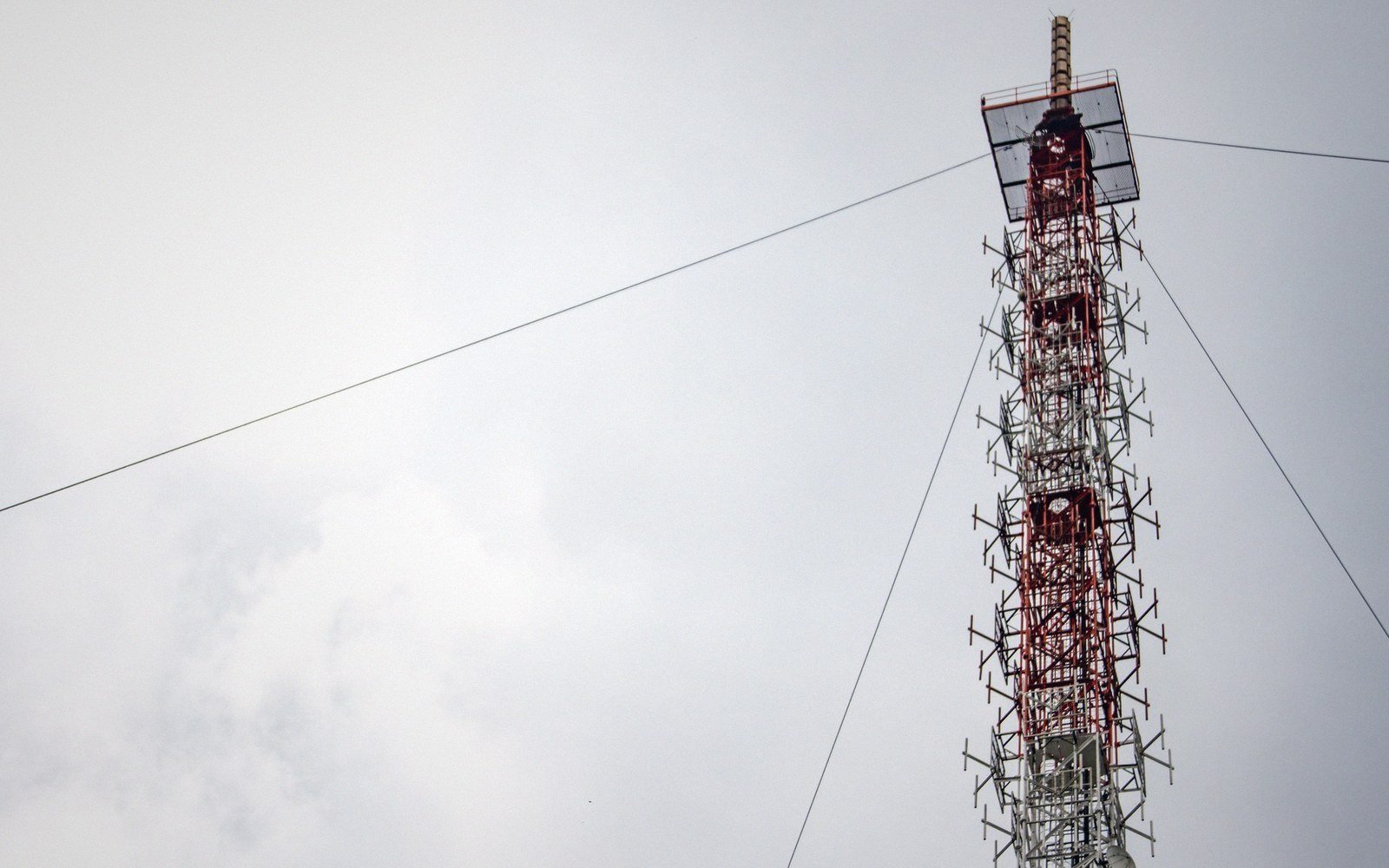 A red-and-white broadcast tower with guy wires against an overcast sky